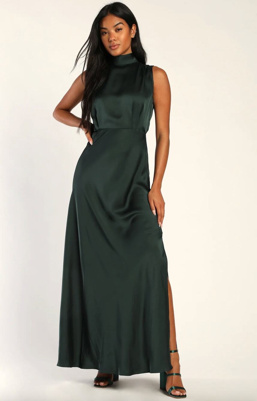 Lulus Classic Elegance Green Satin Sleeveless Mock Neck Maxi Dress Medium NWT